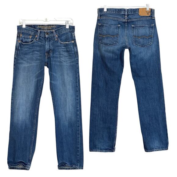 AEO Jeans Slim Straight Low Rise Men 30x29** Blue Fade Whiskers Stacks Casual - Picture 1 of 16